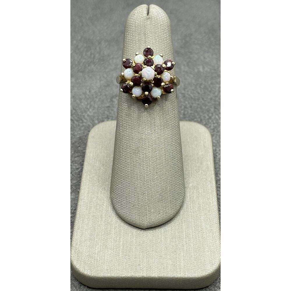 9K Yellow Gold Red Stone & Opal Flower Cluster Ring (26686)